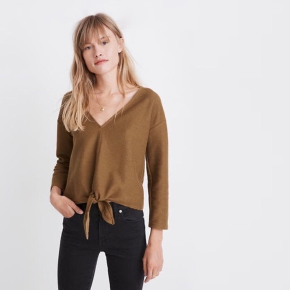 Madewell Shirt Texture Thread Olive Green Crop Top Tie Front Womens XXS - Picture 8 of 8